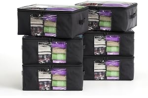 FORCANBY Clothes Storage Bags, Foldable Thick Fabric Blanket Storage Boxs, Large Clear Window with Reinforced Handle, Great for Clothes, Blankets, Closets, Pillows, Toys (Black, 6Pack)