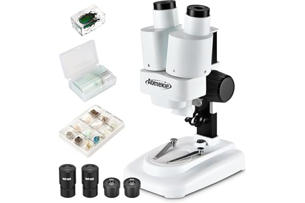 Aomekie Microscope Stéréo 20X/50X, Loupe Binoculaire 3D avec Lames de Verre, Échantillons de Minéraux et Spécimens, pour Juniors et Étudiants
