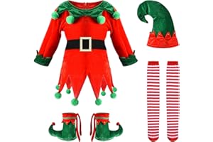Proumhang 5 Pack Dziewczyny Kobiety Świąteczny Elf Kostium Zestaw,Dziecięcy świąteczny kostium elfów,Aksamitny kostium Pomocnika Mikołaja,Świąteczny strój z elfskim kapeluszem Buty Pasek Pończochy