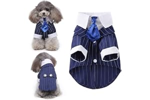 HACRAHO Smoking pour chien - 1 pièce - Bleu rayé - Nœud papillon de mariage pour chien - Costume formel pour petit chat, chien, chiot - Tour de poitrine 48 cm