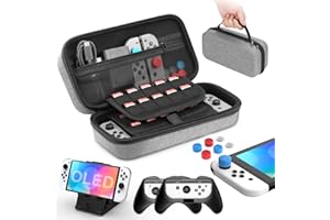 HEYSTOP etui na przełącznik Nintendo, 11 w 1 Nintendo Switch torba transportowa z 2 uchwytami Joy-con do przełącznika Nintendo, regulowany stojak na gry, szkło hartowane ochraniacz ekranu z 6 uchwytami na kciuki (szary)