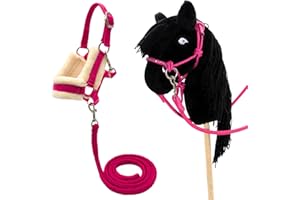 PFIFF 103130 Hobby Horse Halfter-Set „Little Mustang“, Knotenhalfter mit Zügeln, Größenverstellbares Halfter-Set mit Glitzersteinen, Blau