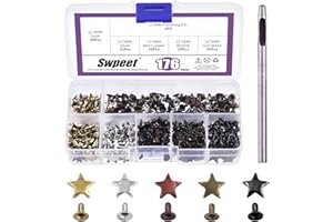 Swpeet 176 piezas de 5 colores de 0.47x0.23 pulgadas,12x6 mm remaches de estrella con perforador de 2.5 mm, remaches de ropa, remaches de cuero y púas para manualidades de cuero