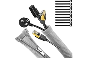 UPXDUMI Cable Tidy Zip Sleeve for PC/TV, 20mm - 1.2m Desk Cable Management Organisers, Wire Tidy Loom Tube Cord Wrap Protector with 10 PCS Reusable Cable Ties for Home, Office, 50+70cm, Grey Silver