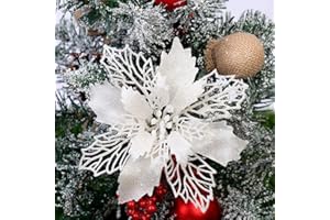 GLITZFAS Weihnachtsbaumschmuck, 12Stk 16cm Weihnachtsstern Glitzer Weihnachten künstliche Blume für Weihnachten Weihnachtsbaum Kranz Garland Ornament Party Dekoration (Weiß)