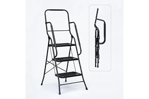 Bestfor Folding Ladder 3 Step, Cushioned Hand Rails, Extra Wide Non-Slip Steps, 150kg Limit, Durable Steel, Easy Fold & Carry, Space Saving, Black Step Ladder for DIY and Decorating