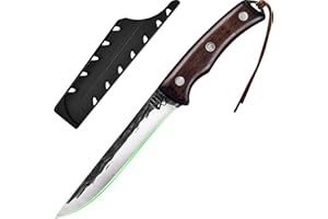 FULLHI Couteau à désosser avec étui,Acier à haute teneur en carbone Couteau à désosser pour la pêche, la maison, le camping et le BBQ (marron, 15.5cm)