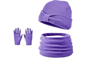 ENWOKRAN Niños Conjunto de Sombreros y Bufanda Guantes Invierno 3 Piezas Set 3 en 1 Invierno Cálidos Beanie con Arco Caliente Bufanda Pantalla Táctil Guantes para Niños Niñas 3-8 Años
