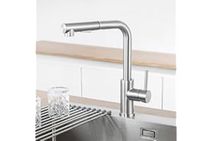 ANYCEE Rubinetto Cucina, Miscelatore Cucina Girevole a 360° per Estraibile, Rubinetto Lavello con Doccetta, Spazzolato