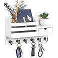 FifthQuarter Key and Mail Holder For Wall, Mail Organizer Wall Mount with 6 Hooks and Storage Drawer, Easy Installation Key Rack for Entryway and Home Decor (A-White)