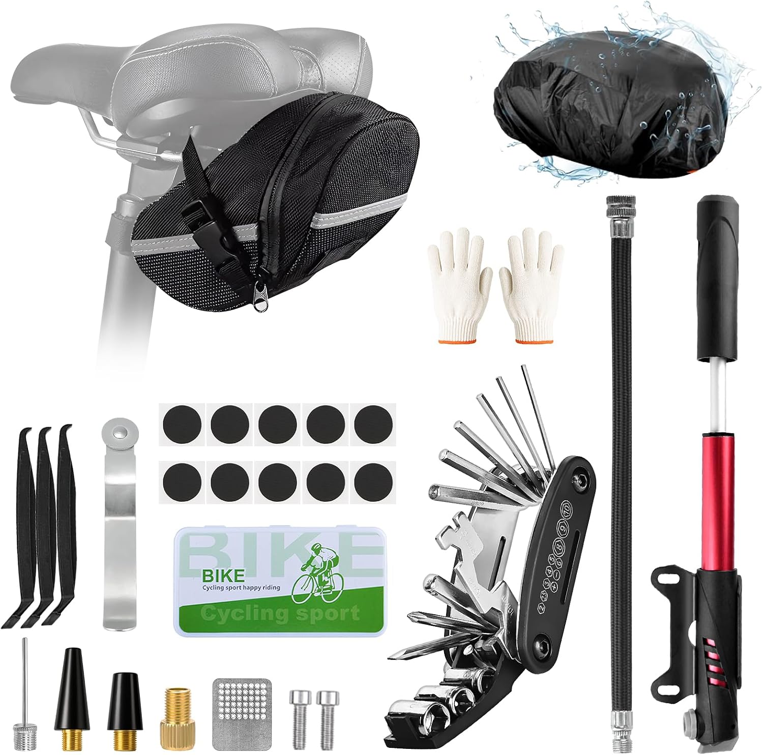 Ninonly Kit de Herramientas para Bicicleta 27PCs con Bomba 120PSI y Multiherramienta 16 en 1 Kit Reparación Bicicleta Completo Kit de Parche y Palancas para Camping Viajes Bolsa