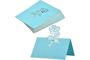 DAELESR 50 Pcs Name Cards for Table Setting Wedding, Hollow Out Place Cards, Folded Rose Shaped Seating Place Cards, Name Card Paper for Wedding Party Banquets Birthday Dinner Christmas Decoration (Blue)