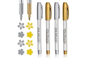 QTKSCEADLNCE 4 Stück Metallic Marker Stifte Set, Metallics Marker mit Faserspitze Glanzlackmarker Metallic Stifte für alle Oberflächen Gold und Silber Metallisch Markierstifte für Malen DIY Fotoalbum Schreiben