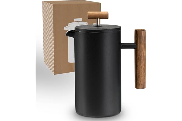 LAMBDA COFFEE® Cafetière à Piston 350 ml (2 Tasses) | noir en Acier inox | à Double Paroi Isolante I French Press Isotherme I Presse française avec une poignée en bois | cafetiere manuelle