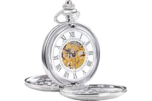 TREEWETO Montre de Poche mécanique, Montre de Poche Chiffres Rétro Creux Squelette en Acier, Montre Pendentif pour Homme Femme, Cadeau de Noël et Anniversaire, Couleur Argent