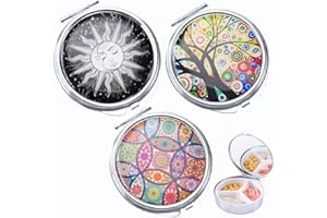 Ohaoduo 3 portapillole in metallo, rotonde, piccole pillole, 3 scomparti, portatili, da viaggio, vintage, con specchio, vitamine, medicine, tablet, organizer per uso quotidiano e da viaggio