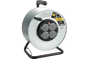 Electraline 208686 Enrouleur Electrique professionnel pour chantier en Métal 4 prises IP44 étanche avec Guide pour le câble et poignée ergonomique - Sans câble