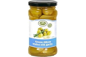 KORVEL MEDITERRANEAN QUALITY PRODUCTS KORVEL Premium Garlic Stuffed Olives | Exceptional Appetizers, Essential Ingredient in Healthy Cuisine | Rich in Antioxidants and Fiber | Hand Picked Green Olives (290g / 10.2oz)