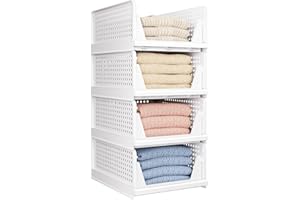 CTSNSLH 4 Pack Folding Closet Organizers Storage Box, Stackable Storage Bins, Plastic Drawer Basket Closet Storage for Wardrobe Cupboard Kitchen Bathroom Office White-4L