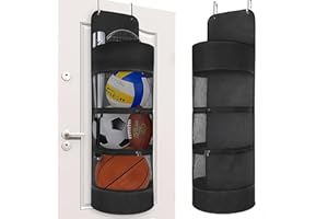 JUMRHFAN Over the Door Hanging Sports Equipment Organizer, Large Hanging Sports Bag with 2 Metal Hooks, Wall Hanging Ball Holder for Basketball, Football, Volleyball and Tennis Storage(Black)