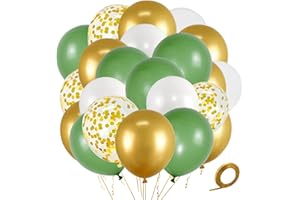 ASIYUHY Sage Green and Gold Balloons Pack of 50 Retro Green White and Metallic Gold Balloons 12 inch Confetti Balloons with Ribbon for Wedding Baby Shower Christmas Jungle Safari Party Decoration