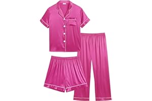 SWOMOG Kid's Silk Pyjamas 3 Piece Girls Boys Satin Pyjamas Set Button-Down PJs Sets Soft Lounge Sets Short Sleeve Sleepwear