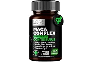ESSENCEHEALTH Maca Complex Andina Negra y Peruana | Alta Potencia | 120 Cápsulas | Tribulus Terrestris, Ginseng, Ginkgo Biloba, L-Arginina, Zinc, Selenio | Vit. C, D3, B6, B9, B12, E | Energía y Bienestar