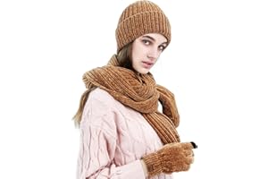 LumiSyne Winter 3 In 1 Scarf Hat Glove Set For Men Women Knitted Beanie Hat Exquisite Jacquard Solid Color Scarf Touch Screen Gloves Advanced Soft Chenille Fabric