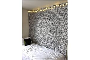 ZQ Tapisserie Mandala multicolore Indien Hippie Tenture murale Hippie Bohème Psychédélique Schal Pique-nique Feuille Décoration de chambre 100% coton imprimé à la main,murale ou drap(Noir-A,230x180cm)