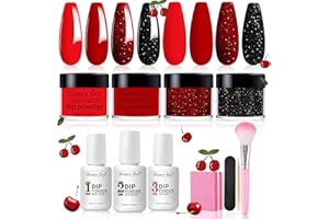 Honey Joy Dip Powder Nail Kit Starter,4 Colors Deep Red Glitter Holographic Black Dipping Powder Liquid Set with Base Top Coat for Nail Art Manicure Salon DIY No LED Nail Lamp Needed, Dip-7pcs-08