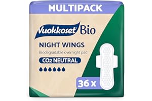DELIPAP Vuokkoset Eco Noche - Compresas finas con alas, Biodegradables 31,8 cm| Multipack 36 unidades para piel sensible |Algodón Orgánico | Sin colorantes, fragancias ni cloro |Núcleo Absorbente Ecológico |