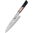 MITSUMOTO SAKARI Professional Japanese Chef Knife, 8 inch Hand Forged Kitchen Gyuto Knife, AUS-10 Premium Damascus Cooking Knife (Shadowwood Pomegranate Handle & Sandalwood Box)