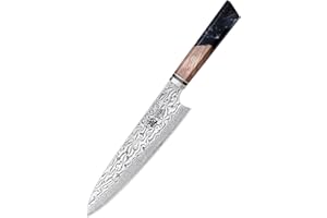 MITSUMOTO SAKARI 22 cm Couteau Japonais Gyuto, Couteau de Cuisine AUS-10 en Acier Damas de Qualité Supérieure, Couteau Cuisine Forgé à la Main (Manche Grenade en Bois d'Ombre et Boîte)