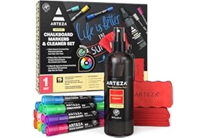 ARTEZA Kit de limpieza de pizarra con 12 rotuladores de tiza de colores + borrador magnético + líquido limpiador de 296 ml + 1 paño de tela de microfibra | Ideal para pizarras y tableros de menú