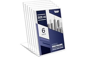 DASHER PRODUCTS Slant Back Acrylic Sign Holder A5, 6 Pack, Portrait Ad Frames, Clear Picture Frame for Signs, Brochure, Flyer, Menu, Paper, Poster, Display. Slanted Plastic Message Board Stand for Home, Office, Store