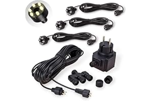 CLGarden Beleuchtung Set für Springbrunnen mit 3 warmweißen LED Ringen IP44 12V Trafo 10 Meter Verbindungskabel und 3er Verteiler für LED Kranz DIY