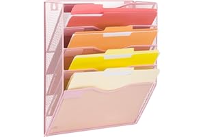 EASEPRES 5 Tier Metal Pink Hanging Wall Pocket File Holder Organiser Mesh Wall Mounted A4 Paper Magazine Letter Storage Rack for Office and Home