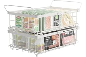 UMDONX 2 Pack Expandable Chest Freezer Basket Organiser Storage Boxes with Foldable Handle, Stackable Wire Containers Kitchen Pantry Shelf Rack, Durable Metal White Load 25KG