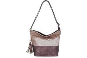 CRAZYCHIC - Sac Bandoulière Paillette Femme - Sacoche Besace Fourre-Tout Cuir PU Souple Porté Main Epaule - Rayure Strass Brillant Multicolore - Sac Soirée Grande Pochette Messenger Mode Chic - Café