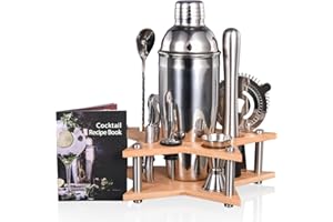 Quilamix 11-teiliges Cocktail Shaker Set, 750ml Edelstahl-Barkeeper-Set mit Bambusständer für Mixgetränke, Geschenk für Freunde, Männer, Frauen, mit Rezeptheft