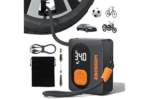 EBOSSOM Gonfleur pneus Voiture, Compresseur à Air Portatif , Mini Compresseur Voiture Portable Electrique pompe a velo, Inflator Affichage Numérique et Lumière LED pour Vélos Motos Ballons Flexible de 15 cm