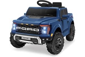 MONDIAL TOYS Ford F150 Raptor 12V Auto Elettrica Fuoristrada per Bambini Pick-Up con Telecomando Luci LED Bluetooth Ammortizzatori Porte Apribili Carico 30 Kg – Blu