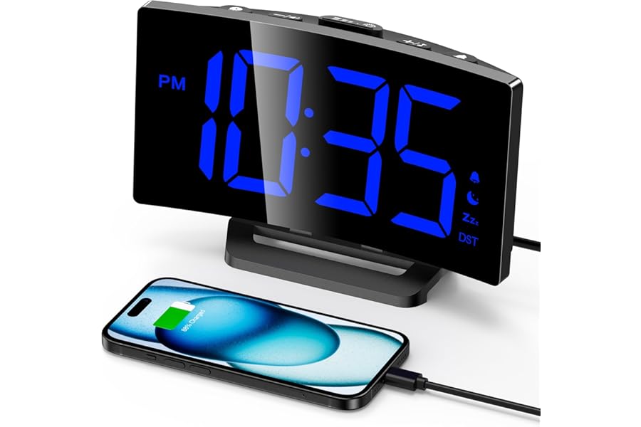 GOLOZA Digital Alarm Clock for Bedrooms with Modern Curved Design, Conspicuous Blue LED Numbers, 6 Levels Brightness, 2 Volume, 3 Alarm Tones, Snooze, Power-Off Memory, 12/24H, Bedside Clock