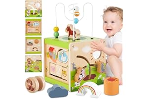 BUYGER Cube d'Activité Montessori en Bois, Jouet d'Éveil 6 en 1 avec Puzzle Formes & Labyrinthe Perles, Cadeau Éducatif pour Bébé Garçon Fille (Thème des Animaux de la Ferme)