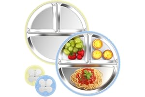 SonPen 2 Stück Edelstahl Baby Teller mit Saugnapf, Sturzsicher Kinderteller mit Entfernbarer Silikon Hülle, Babyteller mit Saugnapf Spülmaschinenfest Geteilte, Ungiftig und BPA-frei (Blau Gelb)