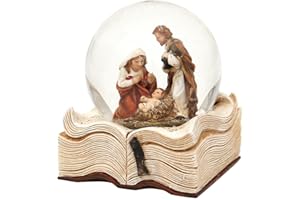 DEKOHELDEN24 Schneekugel mit Heilige Familie auf Buch, Maße H/B/Ø Kugel: ca. 9 x 7,5 cm/Ø 6,5 cm.