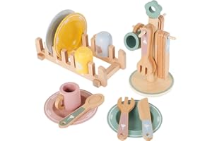 Jokapy Set de cuisine pour enfants, jeux de cuisine bois, casseroles et plaques, 4 assiettes, 4 tasses, 4 couteaux, 4 fourchettes, 4 cuillères, support, convient aux garçons et filles, âge 3/4/5 ans
