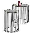 Kare Design Side Table Wire Black, Set of Two, Round, Diameter 44 cm, 33cm, Steel Rack, Safety Glass Tabletop, Modern Side Table for Living Room, Bedroom