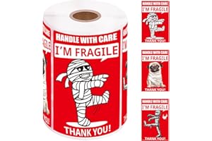 1STEP2DREAM Funny Fragile Stickers 3x2inch 500 Labels - Mummy & Dog Design for Shipping Moving Glass, Permanent Adhesive (1 Roll)​