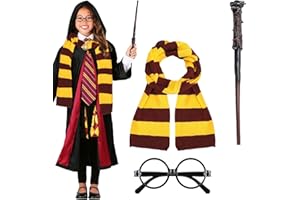 KMLGY 9 Pcs Wizard Costume Accessories Set with Wizard Hat Scarf Glasses Wand Necklace Tattoo Stickers, Harry Wizard Cosplay Outfit Fancy Dress for Halloween Party World Book Day